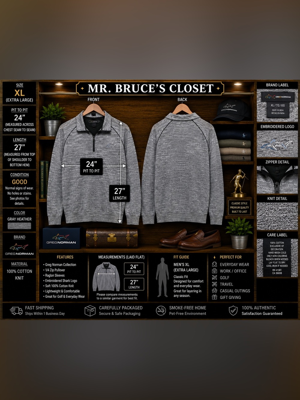 Greg Norman Collection Men's Gray Heather Zip-Up Sweater